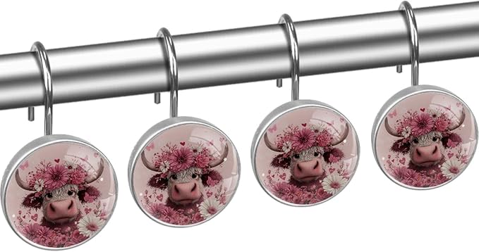 Highland Cows and Florals Rust Proof Shower Curtain Hooks 12Pcs for Bathroom Shower Rod, Decorative Shower Hooks Shower Curtain Hanger Rings Roller, Glass, Resin, Stainless Steel