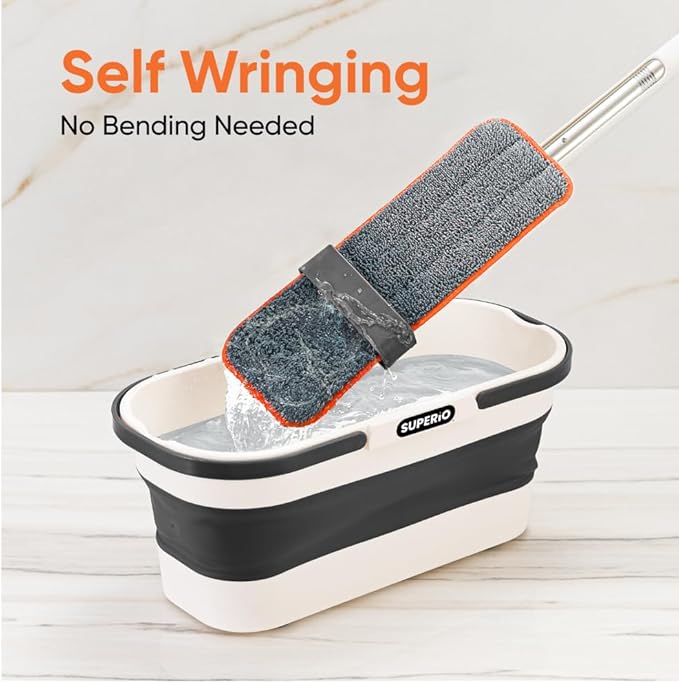 Superio Self-Wringing Microfiber Cleaning Mop, Hands-Free Miracle Flat Mop with Wringing Blade for Home, Kitchen, Bathroom - Hardwood, Laminate, Tile