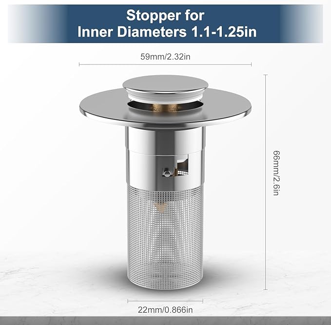 Click Clack Bathroom Sink Drain Stopper with 304 Stainless Steel Filter Basket, Detachable Design, Brass Bounce Setting, Fits Inner Diameters 1.10-1.25 in (28-32mm) (2PCS)