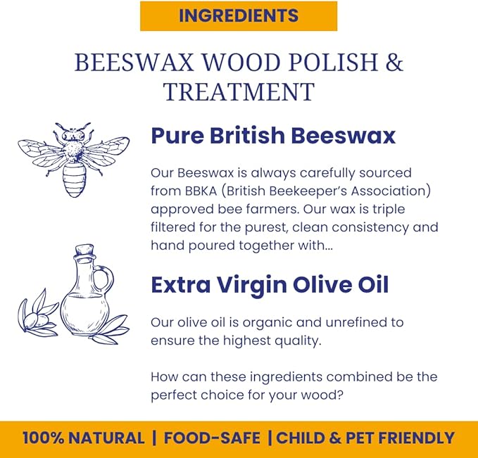 Premium Food-Safe Beeswax Wood Polish & Furniture Wax – Hand Poured Wood Conditioner | Eco-Friendly & Non-Toxic | Protects & Restores All Wood: Furniture, Toys, Cutting Boards, Ornaments (3.5 Fl Oz)