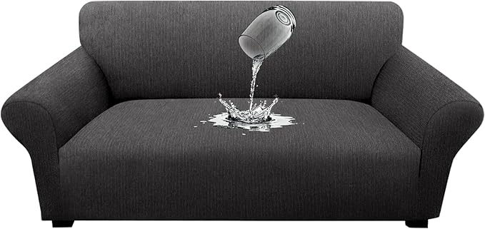 Waterproof Stretch Spandex Loveseat Couch Cover - Non-Slip Soft Sofa Slipcover with Elastic Bottom, Washable Leakproof Furniture Protector for Kids, Pets, Dogs & Cats (Loveseat, Dark Gray)