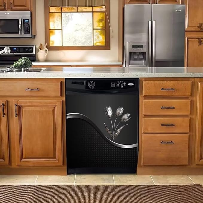 Stainless Steel Flowers Dishwasher Magnet Cover Decor, Metal Floral Dishwashing Sticker Magnetic, Kitchen Fridge Door Magnet Cover Black (23" x 26" Magnetic)