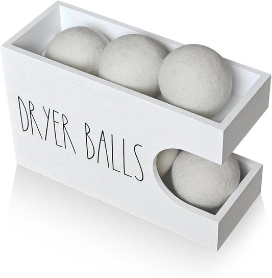 Dryer Ball Holder for Laundry Room, Dryer Balls Container Wall Mount, Wood Dryer Balls Storage Organizer, Wool Dryer Ball Dispenser Basket (White)