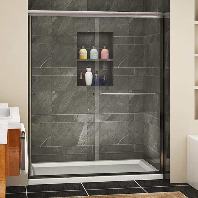 SUNNY SHOWER 60 in.W x 72 in.H Semi-Frameless Shower Door, DoubleSliding Glass Shower Door, 1/4" Clear Glass Shower Enclosure, Brushed Nickel Finish