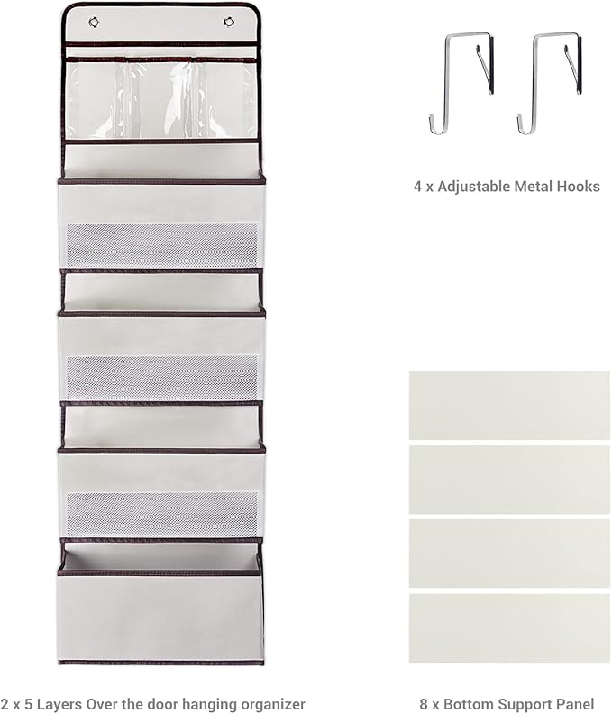 NesTidy 2 Pack Over The Door Organizer Storage, Wall Mount Hanging Organizer with 4 Large Capacity Pocket Organizers and 3 Small Pockets for Baby Essentials, Toys, Cosmetics, and Sundries (Beige)
