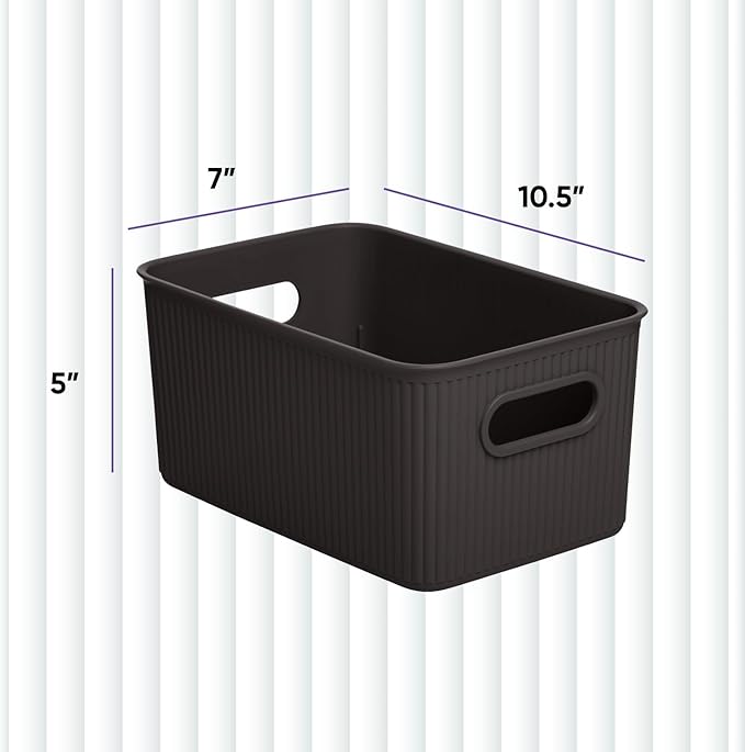 Superio Ribbed Collection - Decorative Plastic Basket Open Home Storage Bins Organizer, Medium Brown (6 Pack) Container Boxes for Organizing Closet Storage Bins for Shelves Drawer Shelf 5 Liter
