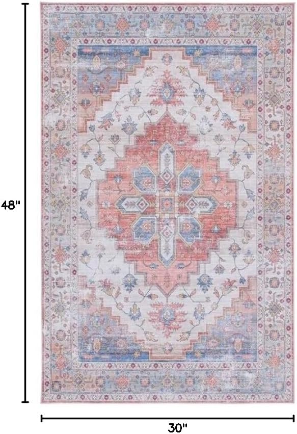 SAFAVIEH Washable Rug Tucson Collection - 2'6" x 4', Beige & Blue, Slip Resistant & Easy to Clean, Ideal for Living Room, Bedroom, Dining Space (TSN109B)