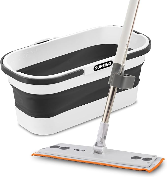 Superio Fold N' Go 10L Collapsible Mop Bucket with Wheels & Self-Wringing Microfiber Flat Mop - Portable, Hands-Free Cleaning Set for Home, Car, Kitchen, Bathroom, Hardwood & Tile Floors