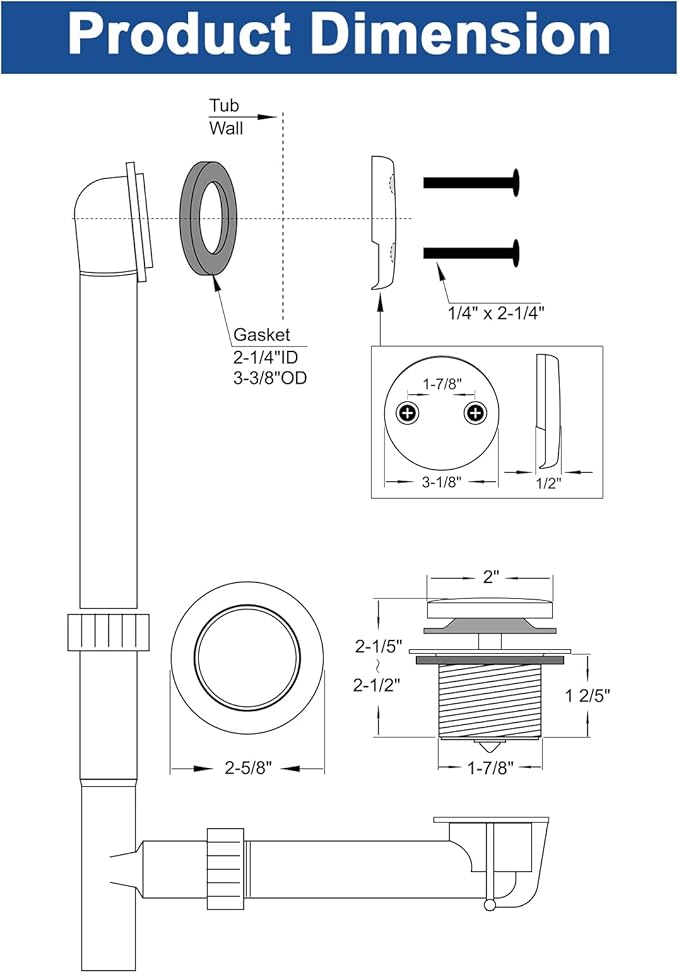 Brass Tip-Toe Tub Drain Kit with Basket Strainer and Two Hole Overflow Faceplate, Matte Black