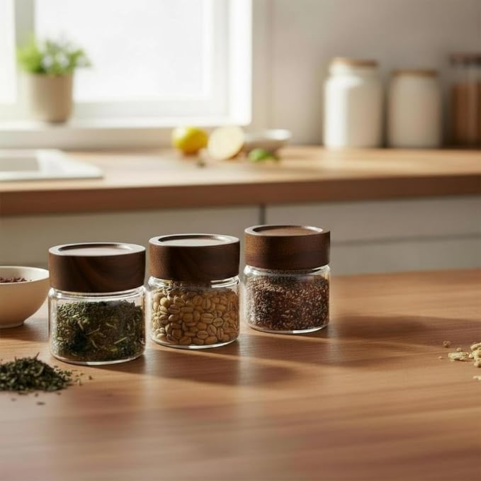 Wide Mouth Glass Storage Jars With 2.5" Acacia Wood Lids - 6 Pack of 4 Oz Food Storage Containers - Borosilicate Glass Canisters Sets For Kitchen - Pantry Organizers and Storage for Rice Coffee Beans