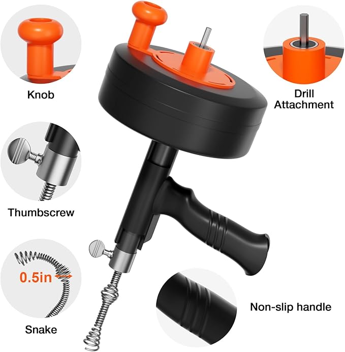 Drain Auger, 25FT Snake Drain Hair Removal Tool, Drill Powered and Manual Drain Cleaner Tool with Drill Adapter & Gloves, for Bathroom Sink, Shower Drain, Tub, Kitchen Sink, Household Plumbing