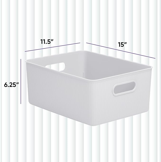 Superio Ribbed Collection - Decorative Plastic Basket Open Home Storage Bins Organizer, Large White (4 Pack) Container Boxes for Organizing Closet Storage Bins for Shelves 15 Liter/16 Quart