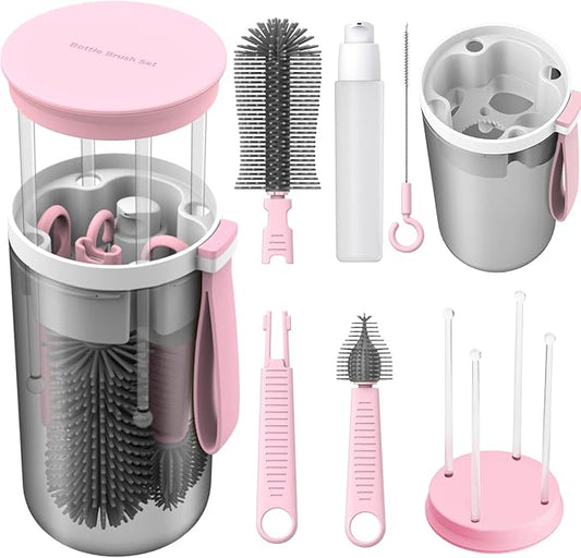 Baby Bottle Brush Set with Drying Rack, Soap Dispenser, and Case, Pink