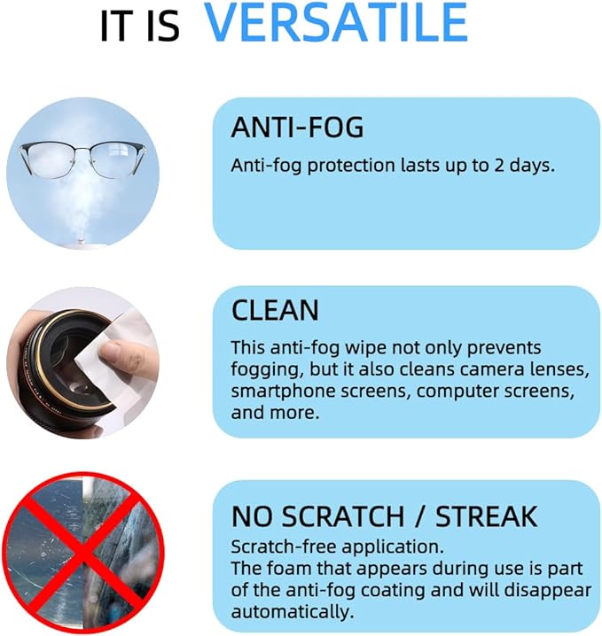 Anti Fog Wipes for Glasses(100-pack), Individually Wrapped, Pre-Moistened, Quick-Dry, Streak-Free Anti Fog Lens Wipes for Eyeglass, Goggles, Phone, Camera Lens,Laptop Screens