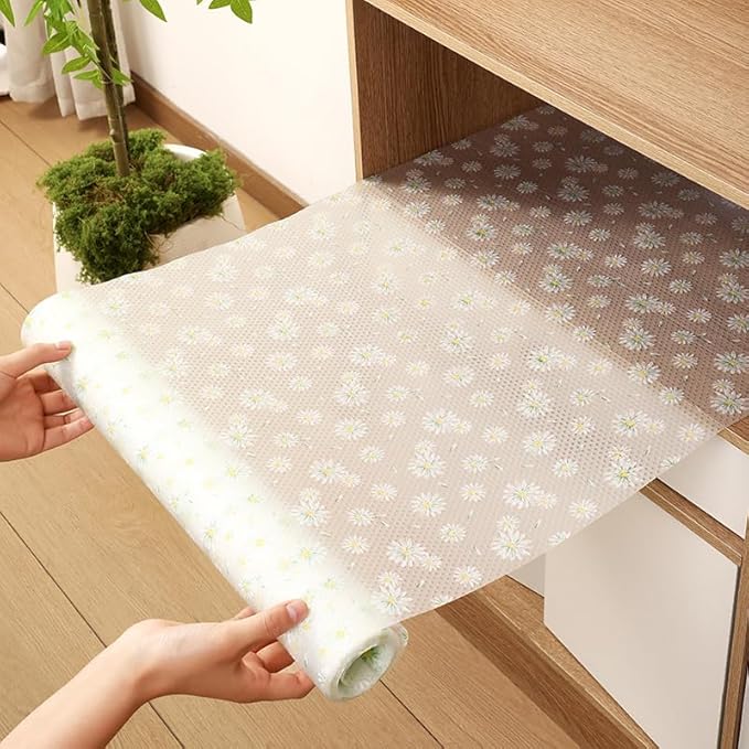Daisy Flower Shelf Liner for Kitchen Cabinets, Non-Adhesive Drawer Liners, Non-Slip Refrigerator Mat, Washable EVA Cabinet Liner for Pantry, Fridge, Closet, Cupboard, 12" x 59"