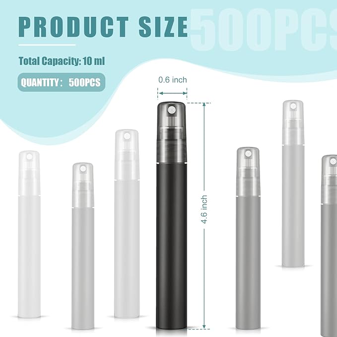 Remerry 500 Pcs 10 ml Mini Spray Bottles Perfume Spray Bottles Plastic Travel Refillable for Women Small Fine Mist Sprayers Portable Frosted Perfume Sprayers Empty Atomizer for Essential Oil