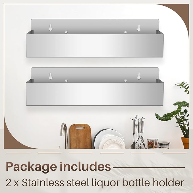 Tanlade 2 Pieces 22 Inch Single Speed Rail Stainless Steel Liquor Bottle Holder Wall Mounted Spray Bottle Rack Drink Rail Shelf for Bars, Silver