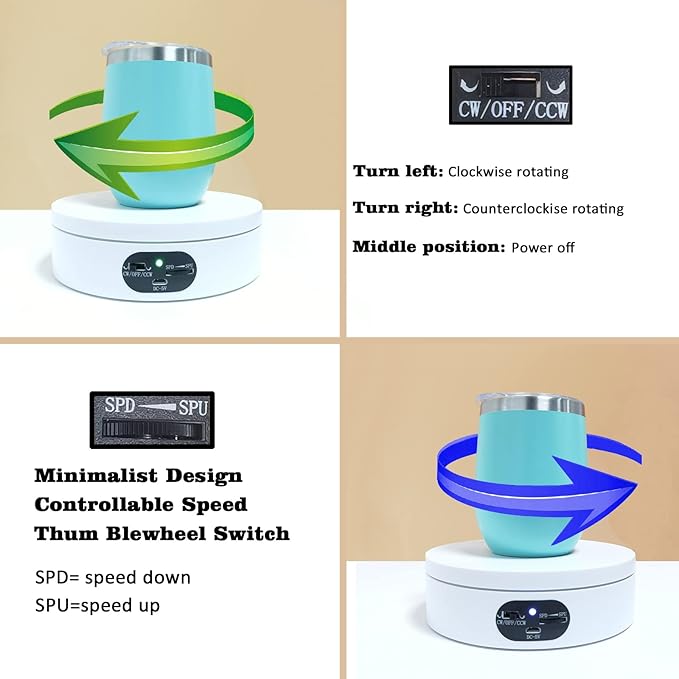 YVV Motorized Rotating Display Stand, Turner for Tumblers with Adjustable Speed Roller, 360° Automatic Mute Spin Turntable Photography Display, Tumbler Spinner Products and Show Electric Tumbler Stand