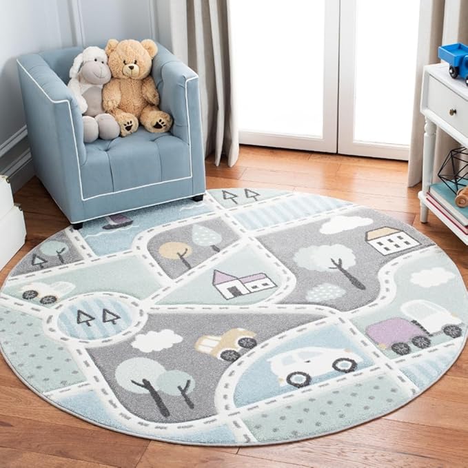 SAFAVIEH Carousel Kids Collection 5'3" Round Grey/Light Blue CRK193F Neighborhood Nursery Playroom Area Rug