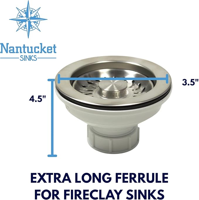Nantucket Sinks 3-1/2 Kitchen Drain Assembly Kit for Fireclay Kitchen Sinks, with Basket Strainer, 304 Stainless Steel, Extended Ferrule, Made in Italy NS35L-EXT