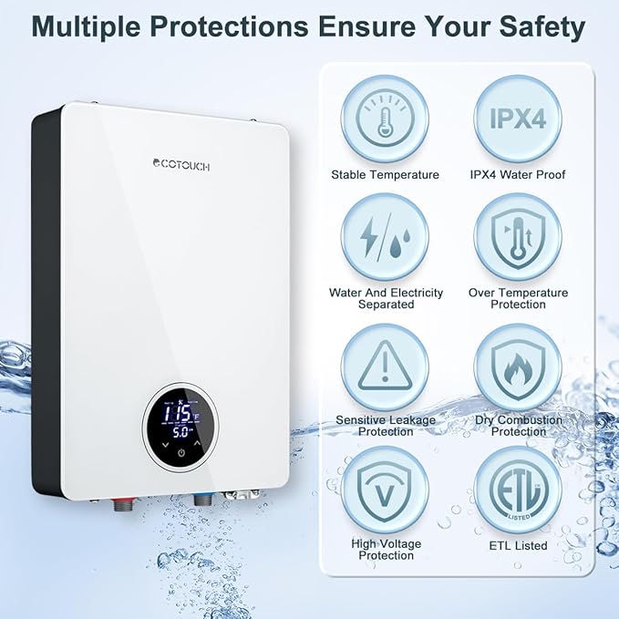 Tankless Water Heater, ECOTOUCH 27kW 240V Water Heater Electric Hot Water Heaters, Instant Hot Water with Self-Modulating, Up to 6.5GPM for 2-4 Point of Use, ETL Certified, ECO270S White