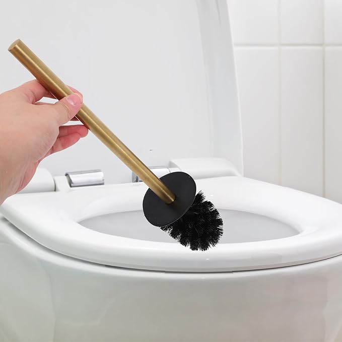 HEMOTON Stainless Steel 304 Toilet Brush and Holder Set Round Gold Bathroom Cleaning Brush with 3 Replacement Heads Standing Toilet Bowl Kit for Home Bathroom Accessories
