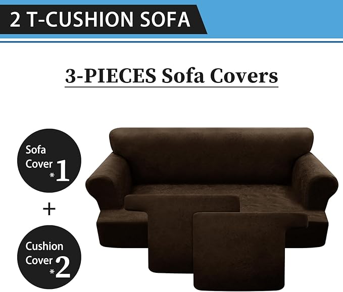 3-Pieces T Cushion Sofa Slipcovers Leather Look Couch Cover for 2 Cushion Couch Furniture Protector Stretch Sofa Cover with 2 Individual T Cushion Seat Covers Washable, Coffee