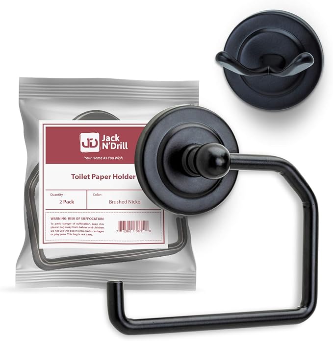Jack N’ Drill 1 Pack Toilet Paper Holder with Free Wall Mounted Multipurpose Coat Hook for Towels, Bathroom Accessories and Decor, Classy and Modern Black Finish for All Bathroom Styles