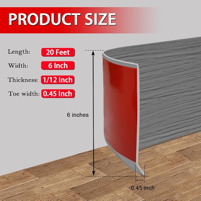 Vinyl Wall Base Baseboard Molding Trim 6" Flexible Self Adhesive Rubber Wall Base Moulding Trim Peel and Stick Design, 6 Inch x 20 Feet, Medium Grey Wood