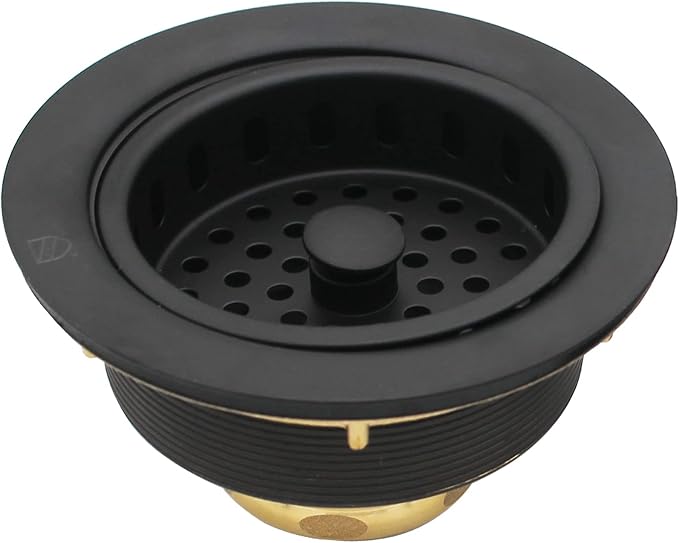 Westbrass D2165-62 Post Style Large Kitchen Basket Strainer with Waste Disposal Flange and Stopper, Matte Black