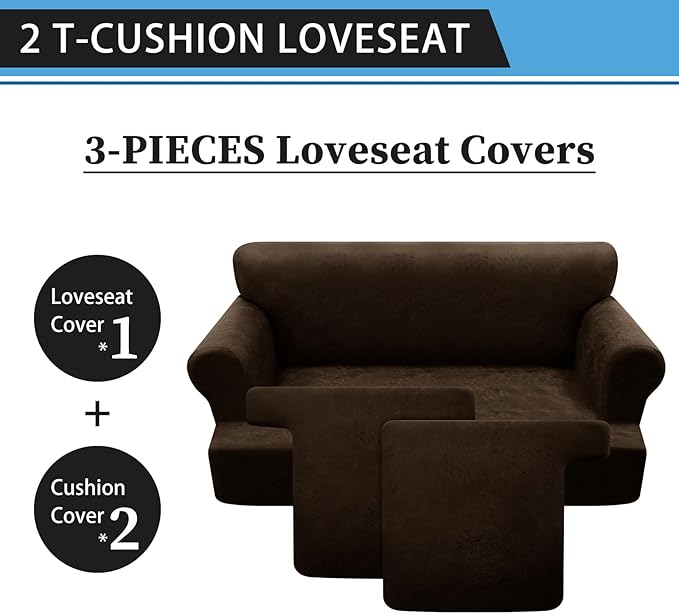 3-Pieces T Cushion Loveseat Slipcovers Leather Look Couch Cover Loveseat Covers for 2 Cushion Couch Furniture Protector Stretch Sofa Cover with 2 Individual T Cushion Seat Covers, Coffee