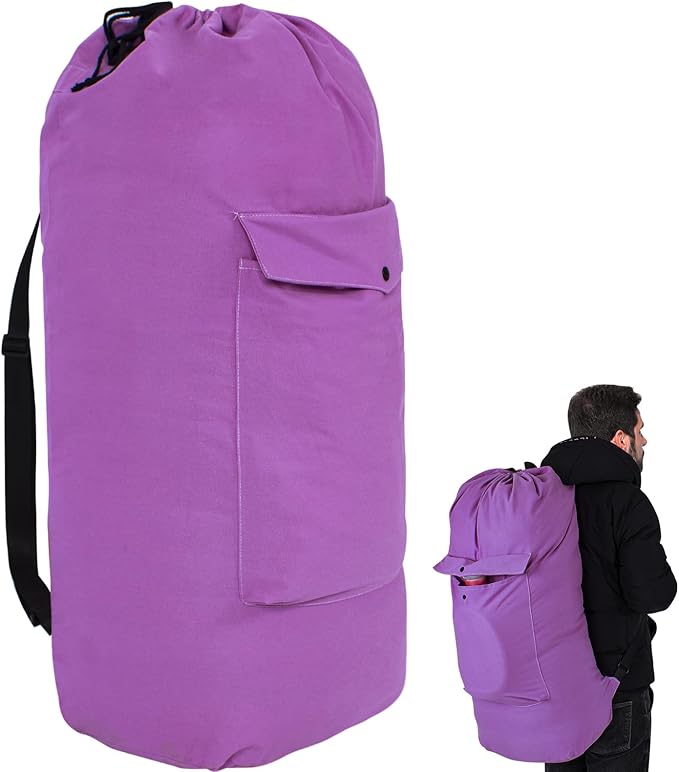 Sanlykate Canvas Backpack Laundry Bag - Extra Large Durable Dirty Clothes 2-3 Days Capacity with Adjustable Shoulder Strap & Front Pocket, for College Dorm, Apartment, Laundromats, Camping Travel