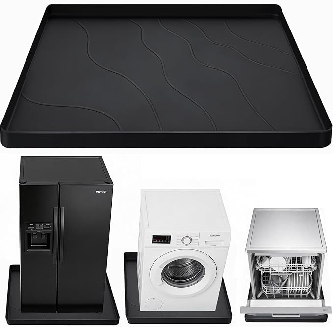 27×27×0.79inch Washing Machine Pan, With Raised Edge Washer Drip Tray, Drain Pan Silicone Mat, Foldable Portable Anti-Vibration Non-Slip Waterproof Pad, Textured Surface (Black)