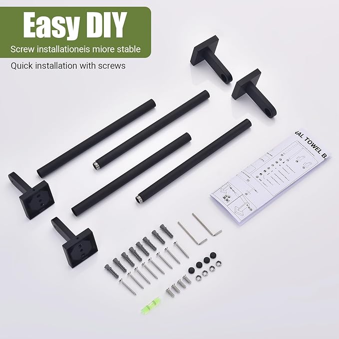 Miyili 18-Inch Matte Black Towel Bar - Rustproof Wall Mounted Towel Holder, Space-Saving Towel Hanger Bathroom Accessories, 2-Pieces