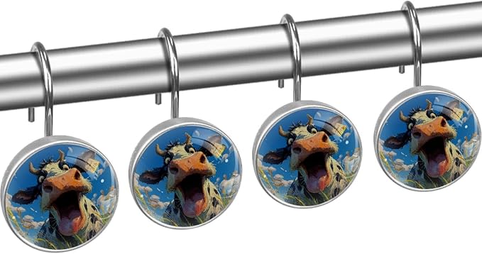 12 Packs Funny Cow Pattern Shower Curtain Hooks, Stainless Steel Glass Shower Curtain Rings for Bathroom Decor, Metal Rustproof Curtain Rod Hooks