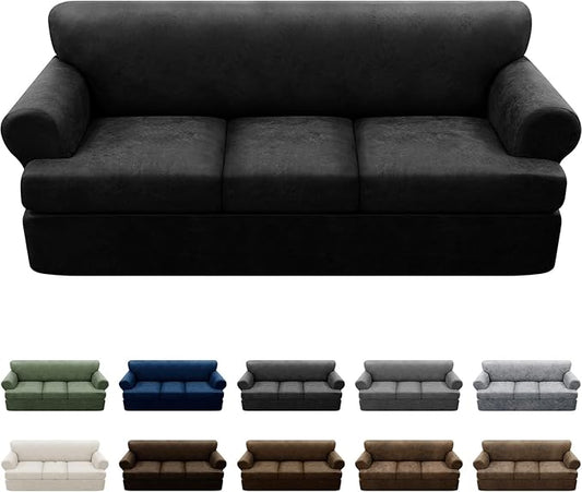 4-Pieces T Cushion Sofa Slipcovers - Leather Look Couch Cover for 3 Cushion Couch - Furniture Protector Stretch Sofa Cover With 3 Individual Seat Covers - Washable, Black