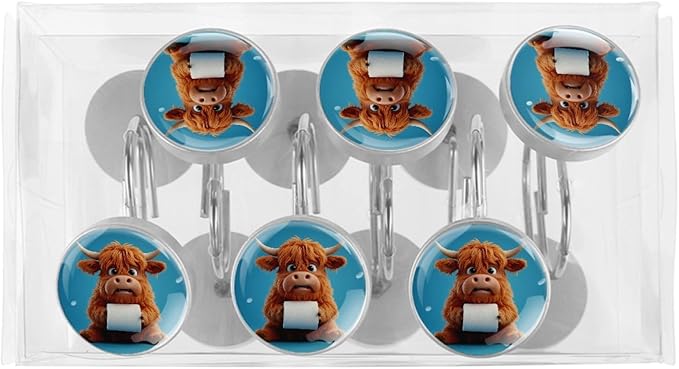 Funny Highland Calf Shower Curtain Hooks Rings, Stainless Steel Rust Proof Shower Curtain Hooks, Decorative Shower Hooks for Bathroom Shower Rods Curtains, Set of 12