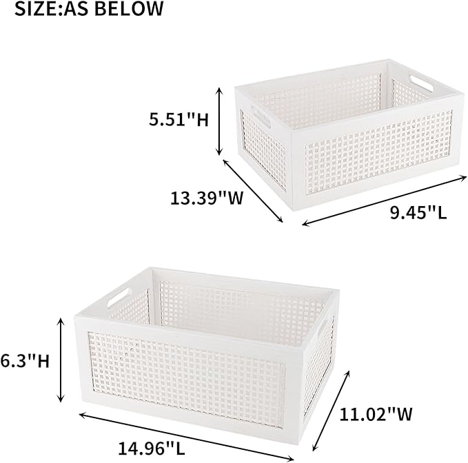 Wood Storage Baskets, Rattan Storage Baskets, Desk Office Drawer Storage Box. (White-Set2)