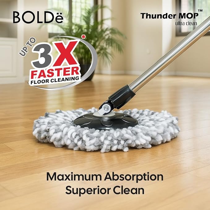Thunder MOP Spin System - Ultra Clean - Single Bucket Microfiber Head, Stainless Steel Wringer, Antifungal Quick-Dry Cleaning, Soap Dispenser, 3 Free Refills (Black/White)