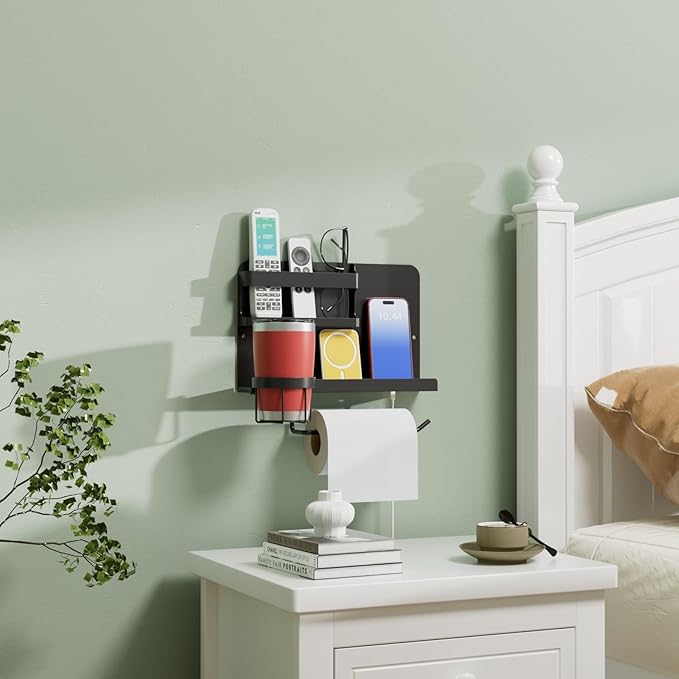 Floating Shelves for Bedside, Self Stick On Wall Mount Shelf Organizer with Hooks, Cute Room Decor Aesthetic, Multi-Functional Storage for Bedroom, Office, No Drilling Adhesive Hanging Shelf (White)