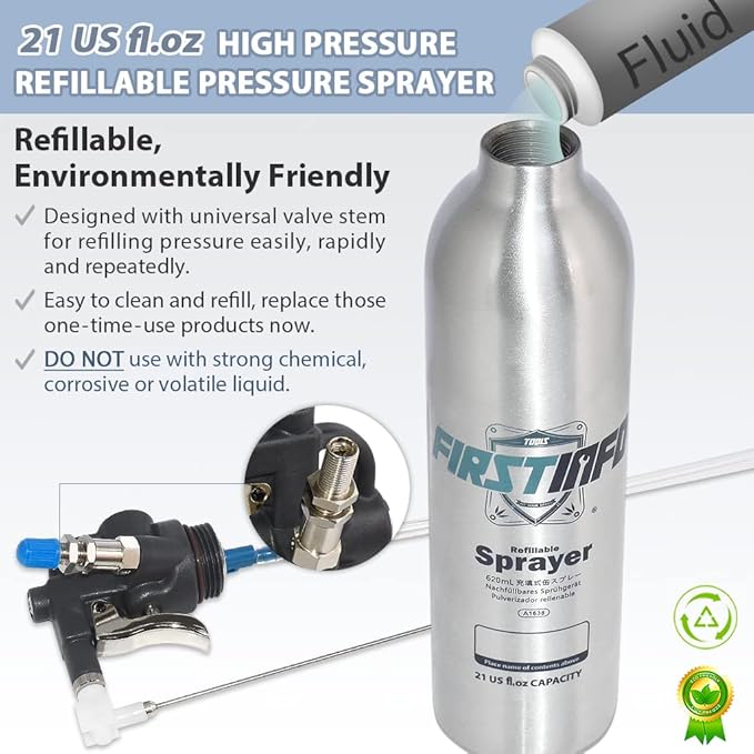 FIRSTINFO Patented 620c.c. (21 US fl. oz) Aluminum Aerosol Refillable Fluid Oil Pressure Storage Sprayer Can + 3pcs 2-Way Nozzles for Jet Straight Stream & Mist Spraying Kit