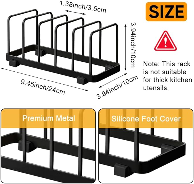 2 Pack Metal Dish Plate Storage Rack Kitchen Storage Cabinet Organizer Pot Lid Holder Multifunctional Dying Display Rack for Pad Pans Pots, Bakeware, Trays, Cutting Boards (Black)