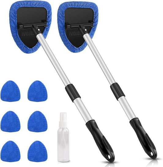 AstroAI Windshield Cleaning Tool, Car Window Cleaner Windshield Cleaner with 8 Reusable and Washable Microfiber Pads and Extendable Handle Auto Inside Glass Wiper Kit, Blue, 2 Pack