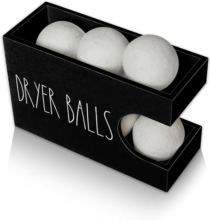 Dryer Ball Holder for Laundry Room, Dryer Balls Container Wall Mount, Wood Dryer Balls Storage Organizer, Wool Dryer Ball Dispenser Basket (Black)