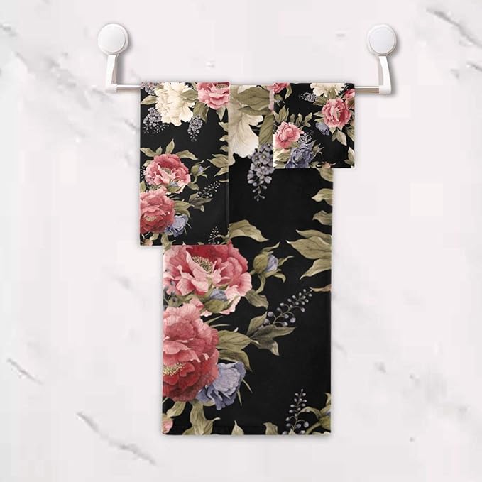 Vintage Peony Floral Bath Towels Set,Ultra Soft 3 Piece Watercolor Rose Flower Pattern Black Towels for Bathroom,1 Bath Towel 1 Hand Towel 1 Washcloth,Absorbent Decoractive Bathroom Towels