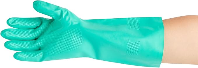 Restaurantware Green Cleaning Gloves 10 Pairs 15 Mil Thick Large Heavy-Duty Nitrile Gloves With Long Cuff No-Latex Flock Lining For Use In Hospitals, Laboratories, Kitchens and Households