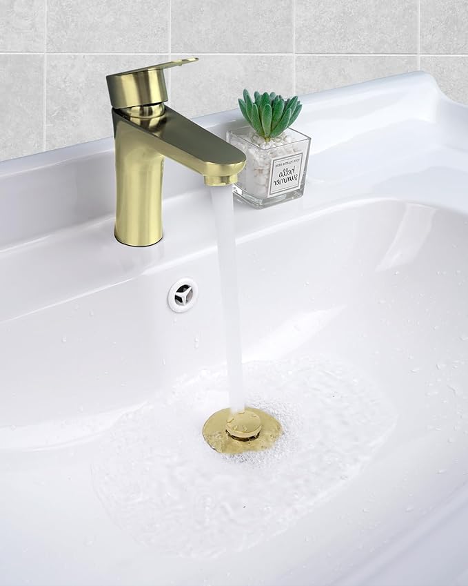 Hibbent 2 Pack All Metal Universal Bathroom Sink Stopper for 1.1''~2.3'' Basin, Pop Up Sink Drain Strainer, Brass Core Push Type Stopper, Stainless Steel Anti Clogging Drain Filter, Brushed Gold