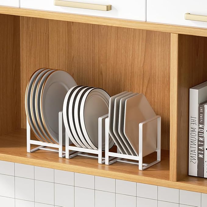 2PCS Plate Holders Organizer, Metal Dish Storage Dying Display Rack for Cabinet, Counter and Cupboard - White， Small and Large