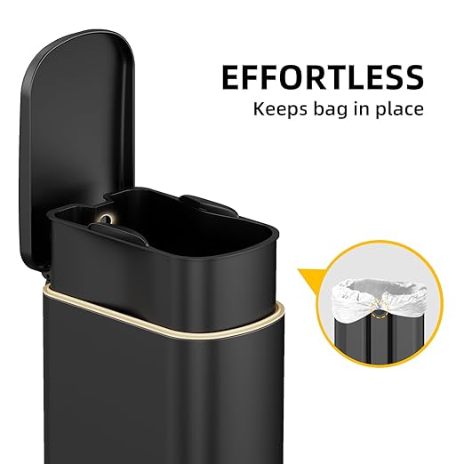 2.6 Gal Bathroom Trash Can with Soft Close Stay Open Lid, Small Rectangular 10L Stainless Steel Waste bin for Narrow Space, Waterproof, Odor Protection, Matte Black