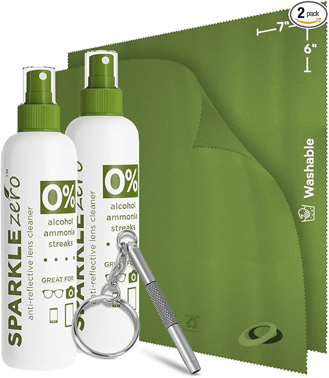 Sparkle Anti-Reflective Eco-Friendly Lens Cleaner & Repair Kit – (2) 4oz Glasses Cleaner Spray, (2) Microfiber Cloths & Keychain Screwdriver for Eyeglasses, Sunglasses, Lenses & Screens (5 Piece Set)